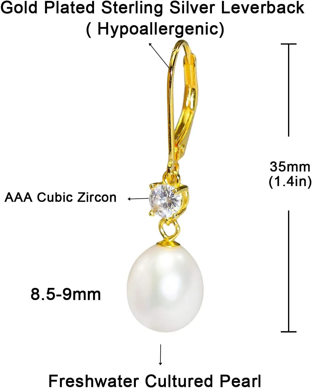 JORA Sterling Silver/Rose Gold Leverback White Freshwater Cultured Pearl Drop Earring for Wedding Jewelry Gift for Women