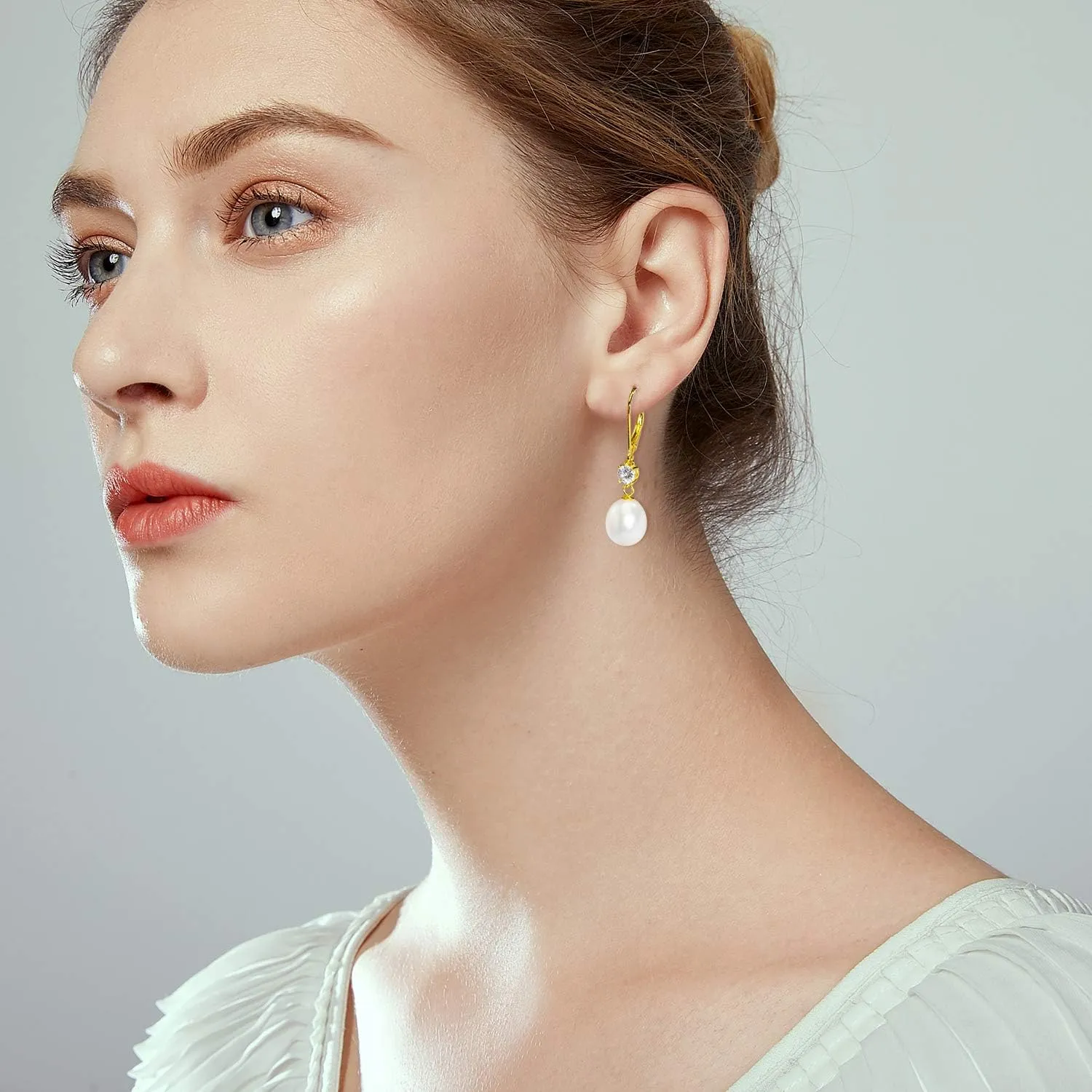 JORA Sterling Silver/Rose Gold Leverback White Freshwater Cultured Pearl Drop Earring for Wedding Jewelry Gift for Women