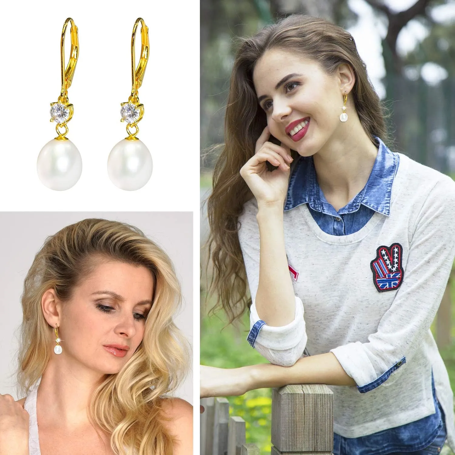 JORA Sterling Silver/Rose Gold Leverback White Freshwater Cultured Pearl Drop Earring for Wedding Jewelry Gift for Women