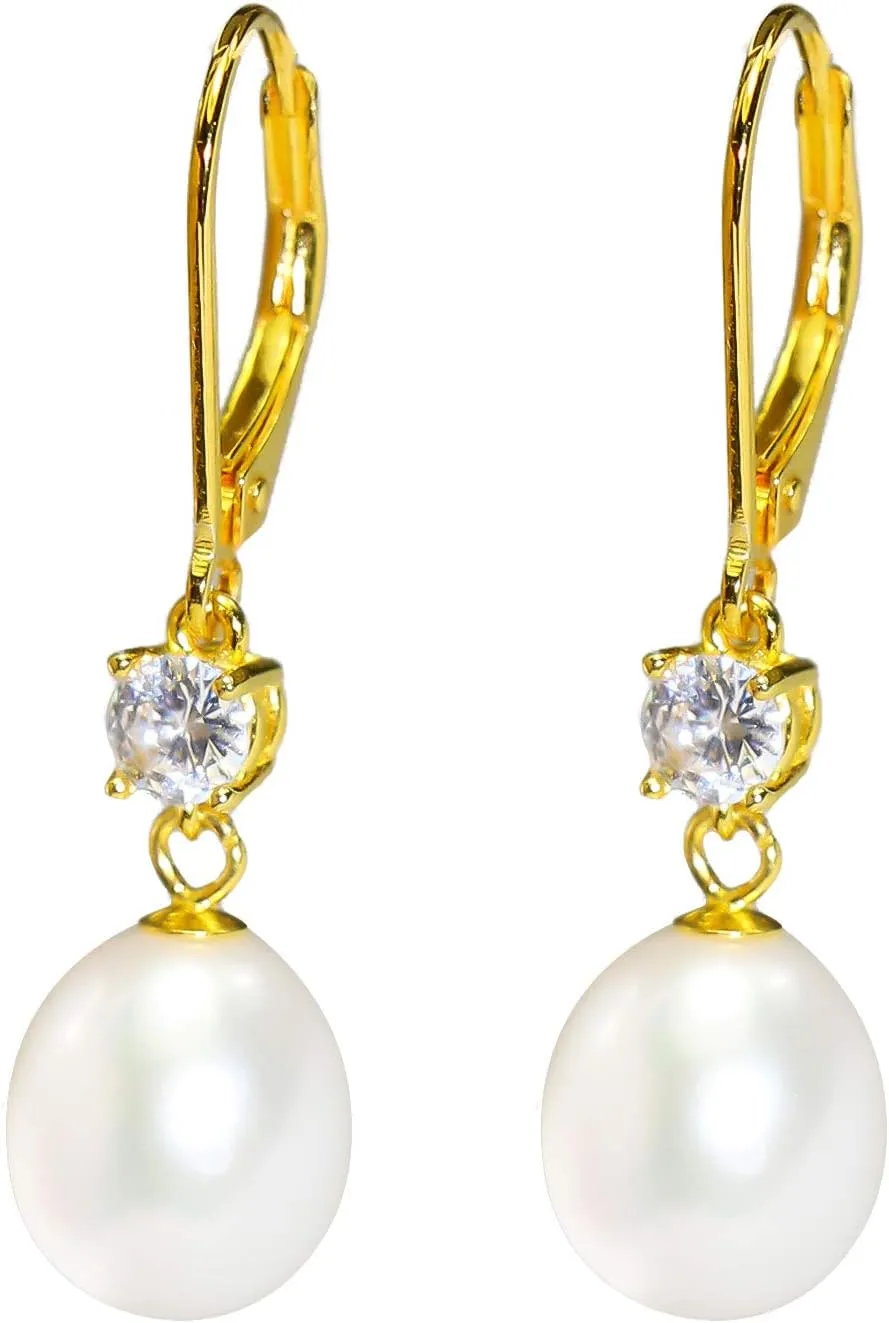 JORA Sterling Silver/Rose Gold Leverback White Freshwater Cultured Pearl Drop Earring for Wedding Jewelry Gift for Women