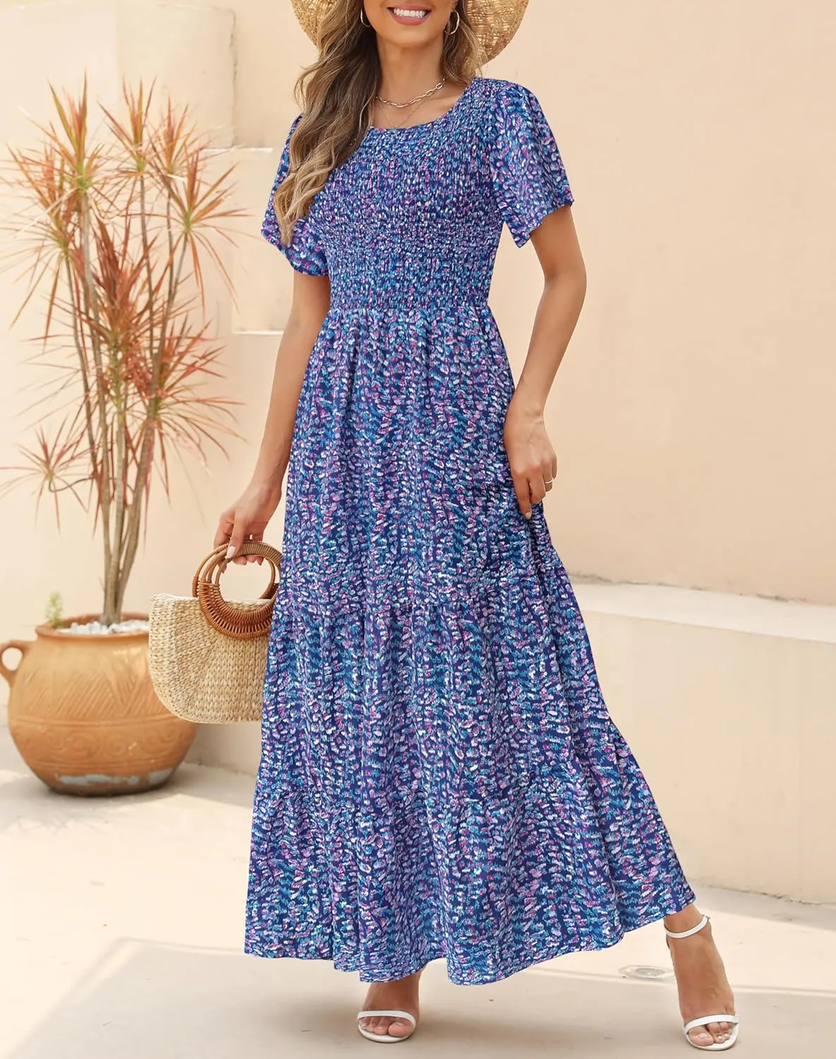 Kranda Women Summer Dress Round Neck Flutter Short Sleeve Smocked Ruffle Tiered Floral Maxi Dress 2024