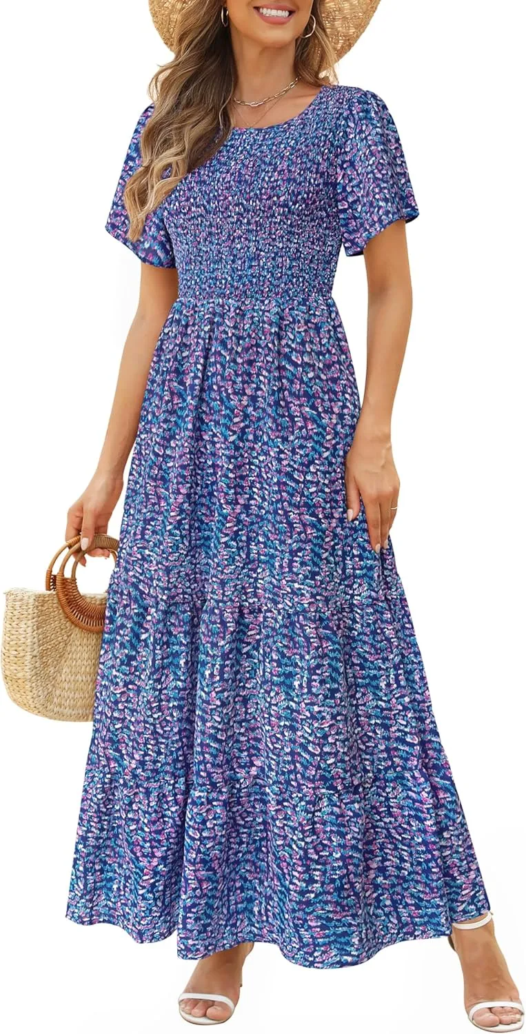 Kranda Women Summer Dress Round Neck Flutter Short Sleeve Smocked Ruffle Tiered Floral Maxi Dress 2024