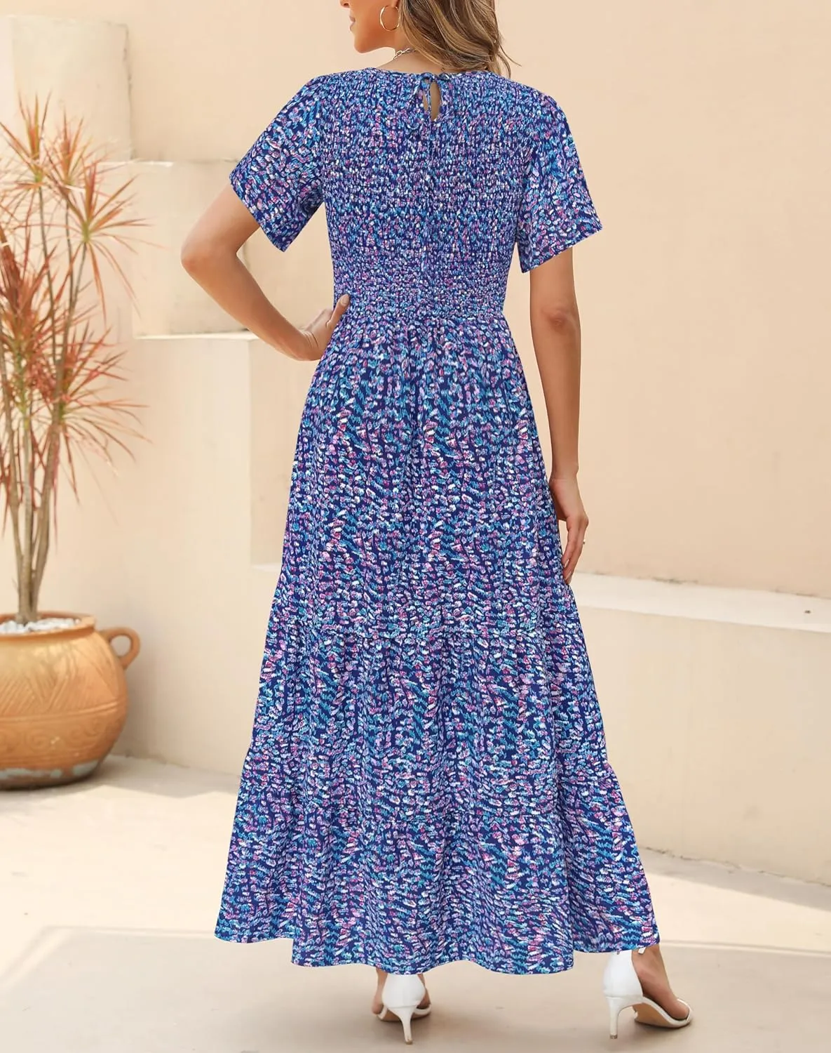 Kranda Women Summer Dress Round Neck Flutter Short Sleeve Smocked Ruffle Tiered Floral Maxi Dress 2024