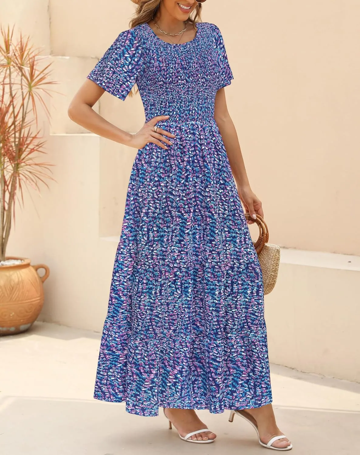 Kranda Women Summer Dress Round Neck Flutter Short Sleeve Smocked Ruffle Tiered Floral Maxi Dress 2024