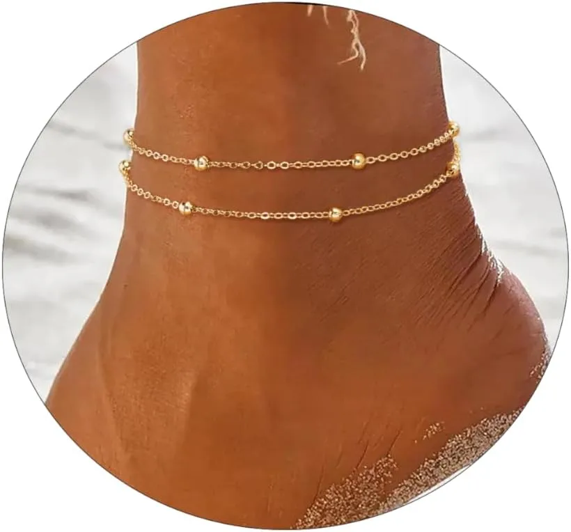 Kyerlyn Dainty Simple Chain Anklet for Women 18k Gold/Silver Plated Summer Beach Beaded Evil Eye Moon Figaro Butterfly Satellite Cuban Pearl Flat Marina Anklet Gift