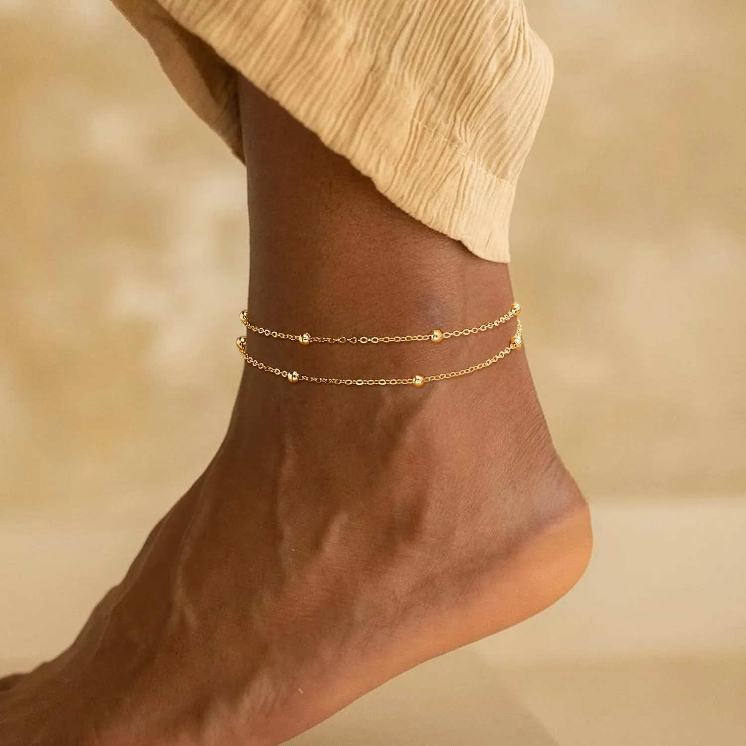 Kyerlyn Dainty Simple Chain Anklet for Women 18k Gold/Silver Plated Summer Beach Beaded Evil Eye Moon Figaro Butterfly Satellite Cuban Pearl Flat Marina Anklet Gift