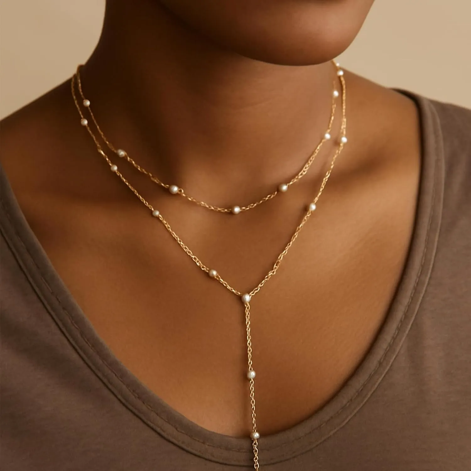 Lariat Gold Necklace for Women Dainty Long Necklace 14k Gold Plated/Silver Y-Shaped Pendant Drop Chain Trendy Layered Pearl/Beaded/CZ Necklaces Simple Gold Jewelry