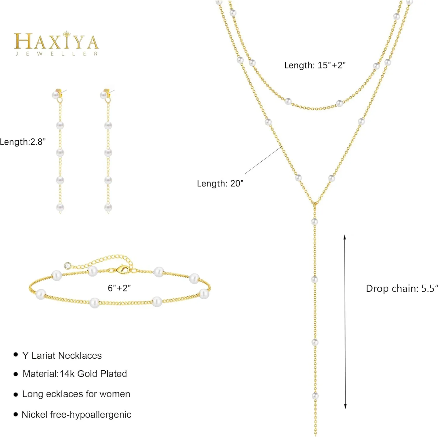 Lariat Gold Necklace for Women Dainty Long Necklace 14k Gold Plated/Silver Y-Shaped Pendant Drop Chain Trendy Layered Pearl/Beaded/CZ Necklaces Simple Gold Jewelry