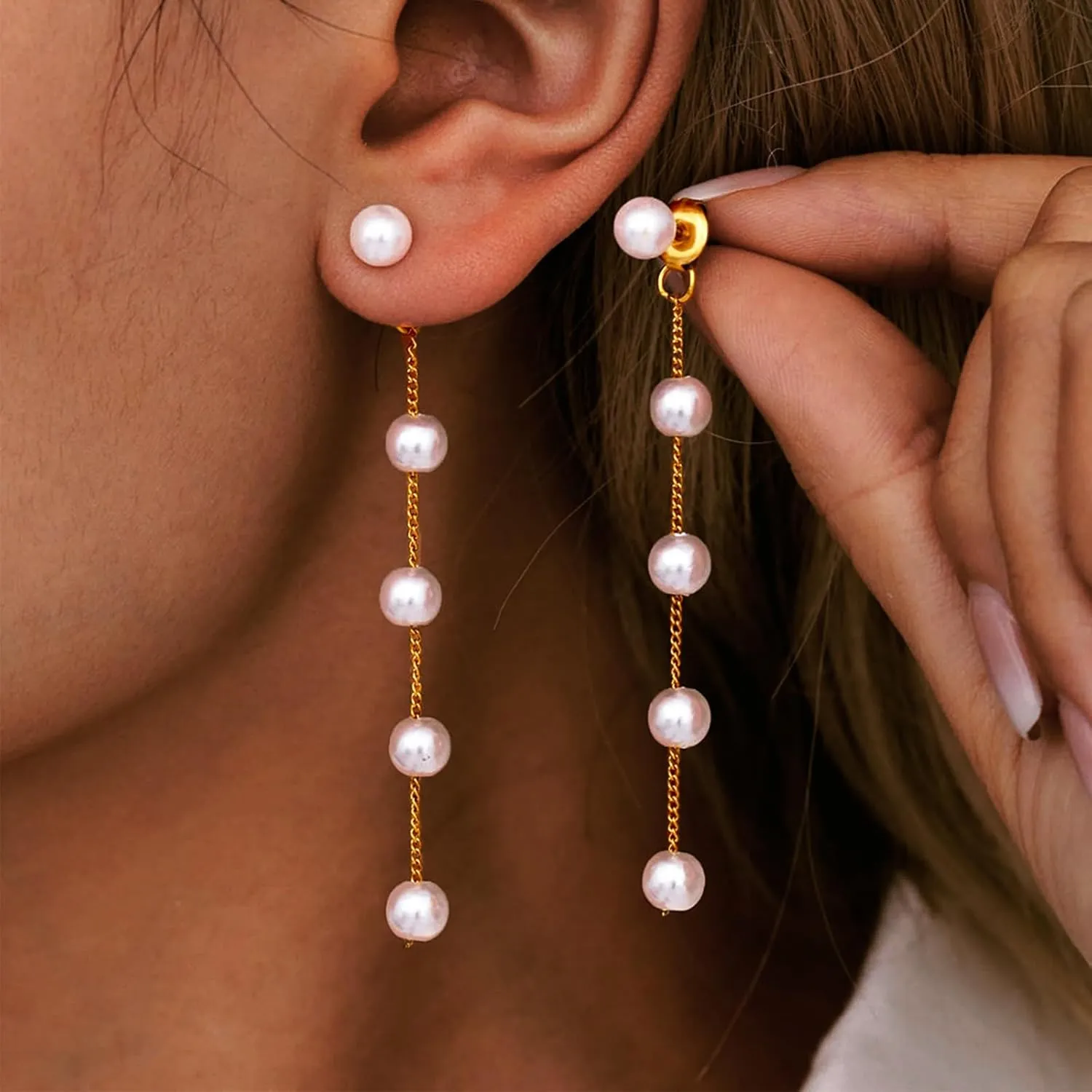 Lariat Gold Necklace for Women Dainty Long Necklace 14k Gold Plated/Silver Y-Shaped Pendant Drop Chain Trendy Layered Pearl/Beaded/CZ Necklaces Simple Gold Jewelry