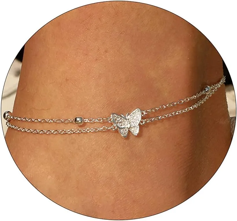 Layered Ankle Bracelets for Women 18K Gold Plated Dainty Fishbone Snake Chain Fine Bead Paperclip Peach Heart Anklets for Women Waterproof Minimalist Simple Anklets Fashion Summer Jewelry Anklet For Women