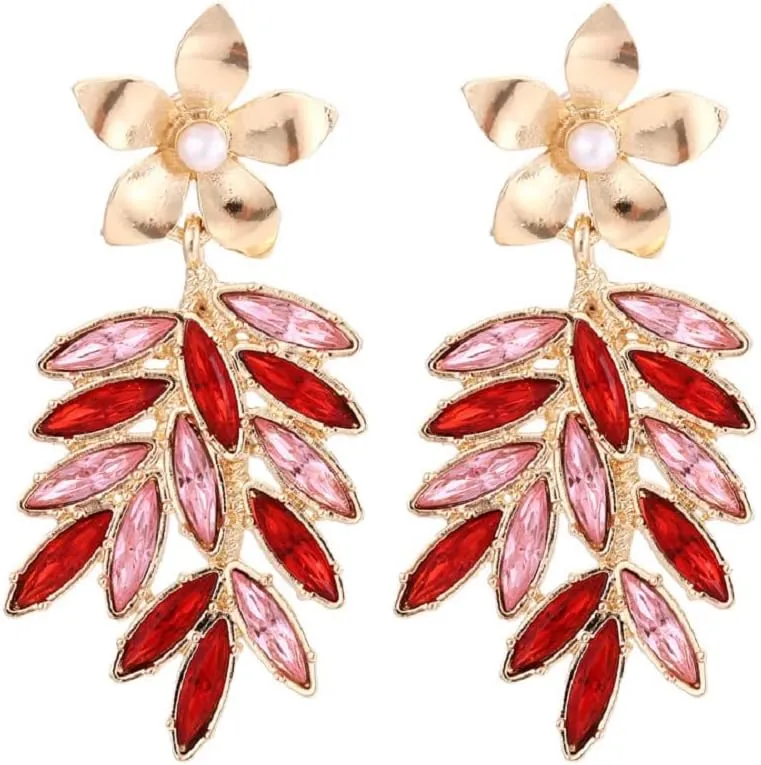 Leaf Cluster Earrings for Women - Pearl Flower Floral Statement Dangle Earrings - Hypoallergenic Bohemian Hawaiian Chandelier Drop Earrings - Cute Tree Plant Studs