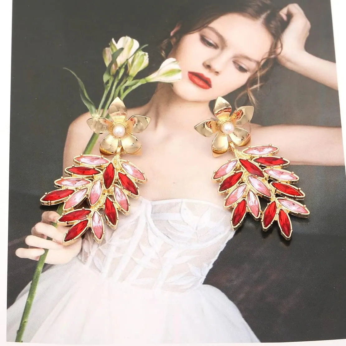 Leaf Cluster Earrings for Women - Pearl Flower Floral Statement Dangle Earrings - Hypoallergenic Bohemian Hawaiian Chandelier Drop Earrings - Cute Tree Plant Studs