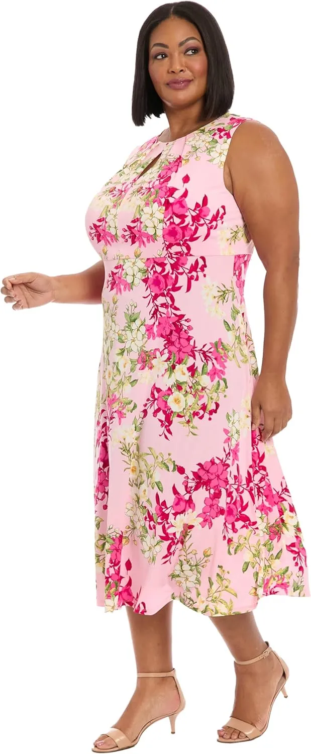 London Times Women's Dresses Sleeveless Fit and Flare Dress with Pleat Tucks and Keyhole Detail at Neck