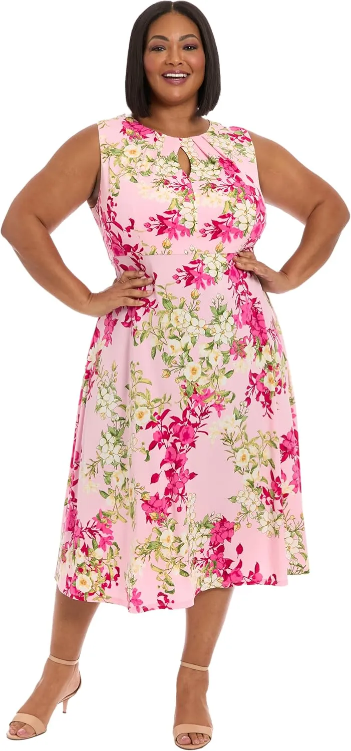 London Times Women's Dresses Sleeveless Fit and Flare Dress with Pleat Tucks and Keyhole Detail at Neck