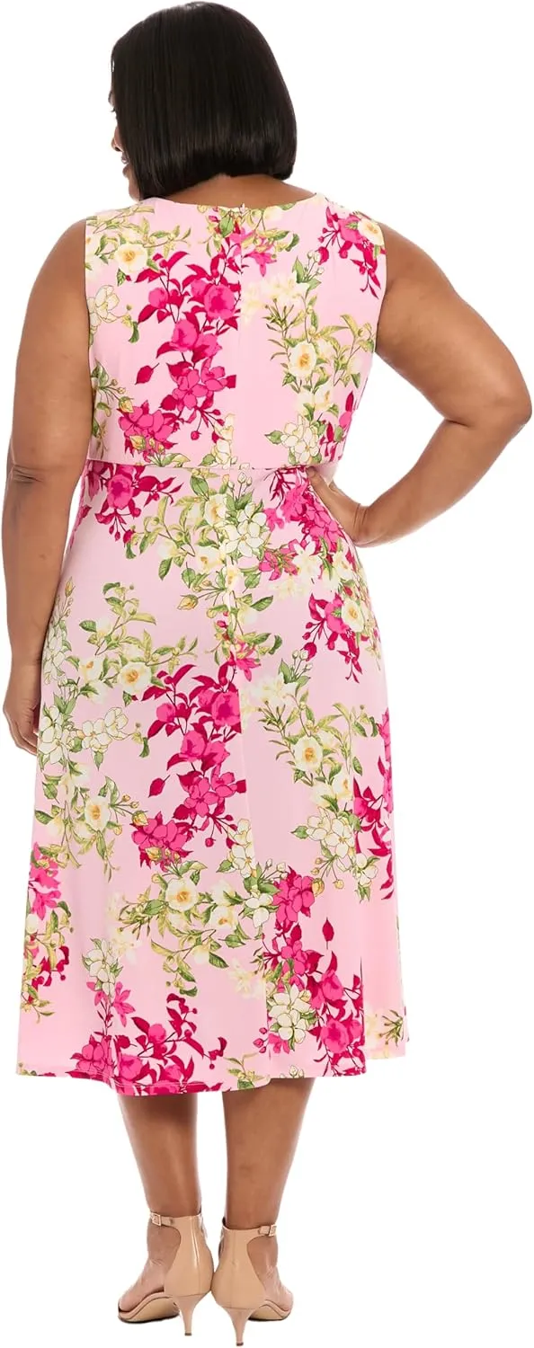 London Times Women's Dresses Sleeveless Fit and Flare Dress with Pleat Tucks and Keyhole Detail at Neck