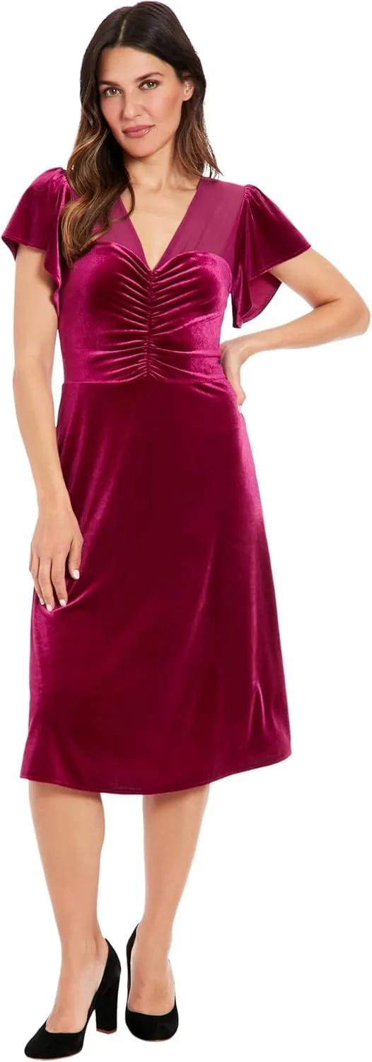 London Times Women's Illusion Flutter SLV Ruched Midi