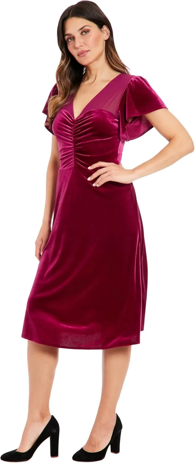London Times Women's Illusion Flutter SLV Ruched Midi