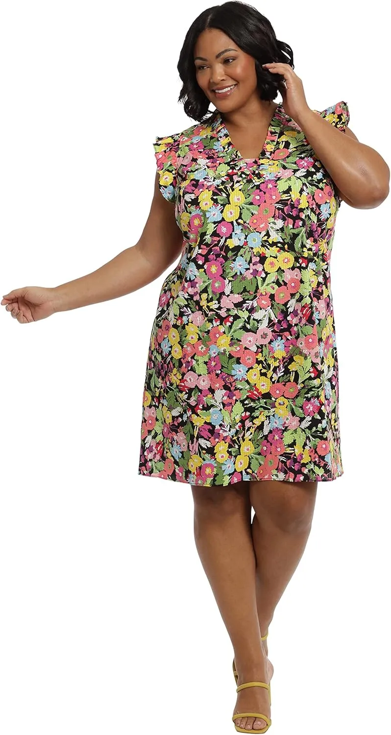 London Times Women's Ruffle Neck and Sleeve Shift Dress Casual Summer Fun Vacation