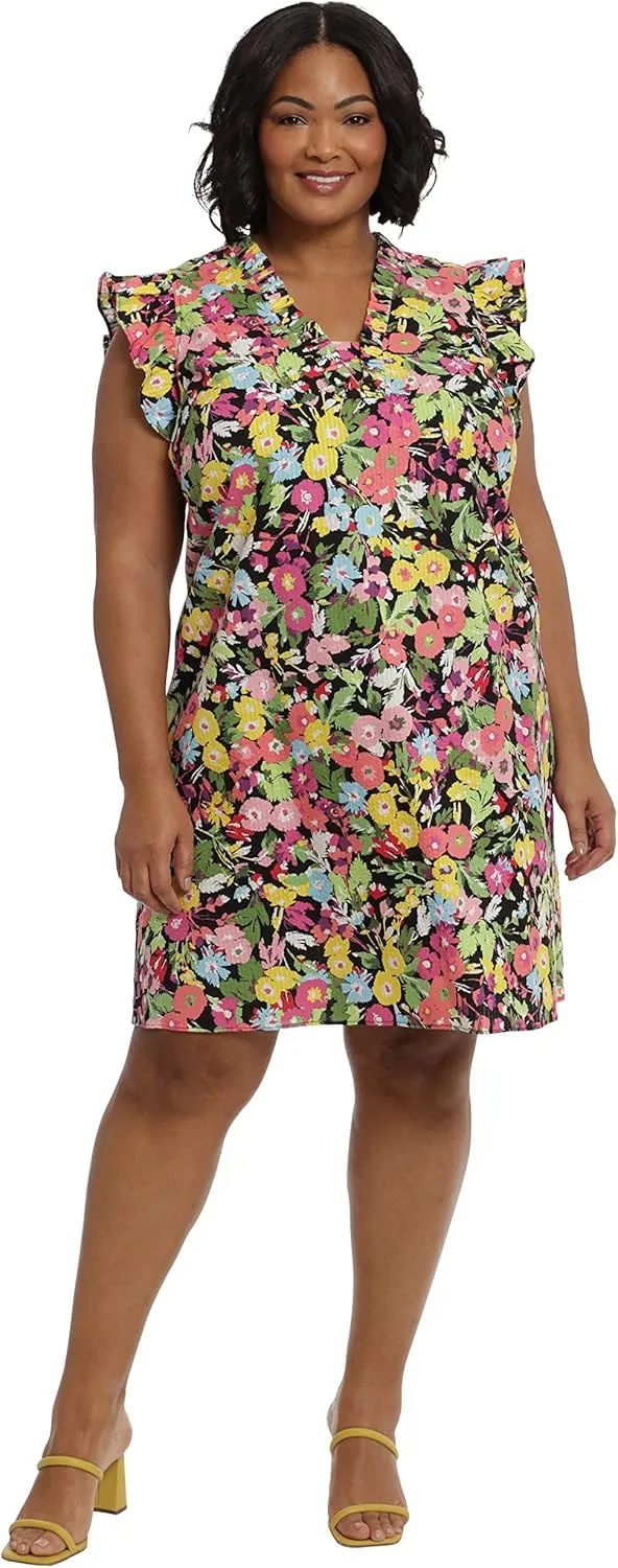 London Times Women's Ruffle Neck and Sleeve Shift Dress Casual Summer Fun Vacation