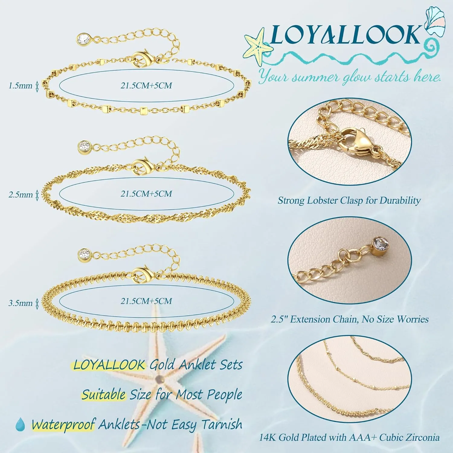 LOYALLOOK Ankle Bracelets for Women Waterproof, 14K Gold Plated Cuban Figaro Link Chain Beaded Anklets Set, Dainty Layered Anklets for Women Non Tarnish Summer Beach Foot Jewelry Adjustable Size
