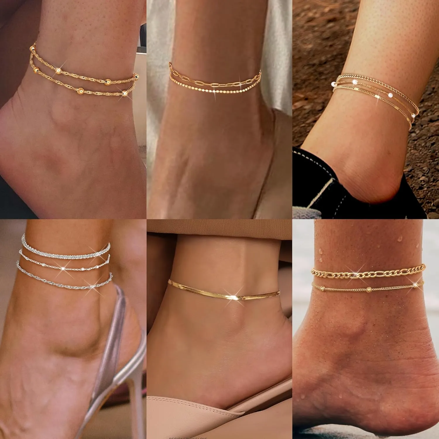 LOYALLOOK Ankle Bracelets for Women Waterproof, 14K Gold Plated Cuban Figaro Link Chain Beaded Anklets Set, Dainty Layered Anklets for Women Non Tarnish Summer Beach Foot Jewelry Adjustable Size