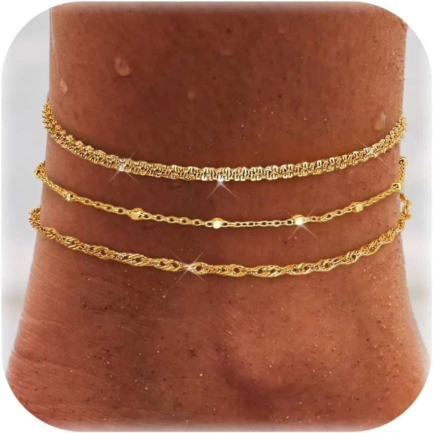 LOYALLOOK Ankle Bracelets for Women Waterproof, 14K Gold Plated Cuban Figaro Link Chain Beaded Anklets Set, Dainty Layered Anklets for Women Non Tarnish Summer Beach Foot Jewelry Adjustable Size