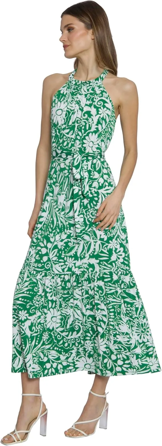 Maggy London Casual Sleeveless, Waist Tie, Maxi Unlined Halter Dresses for Women