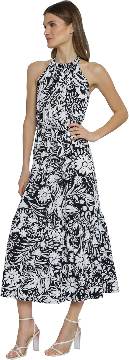 Maggy London Casual Sleeveless, Waist Tie, Maxi Unlined Halter Dresses for Women