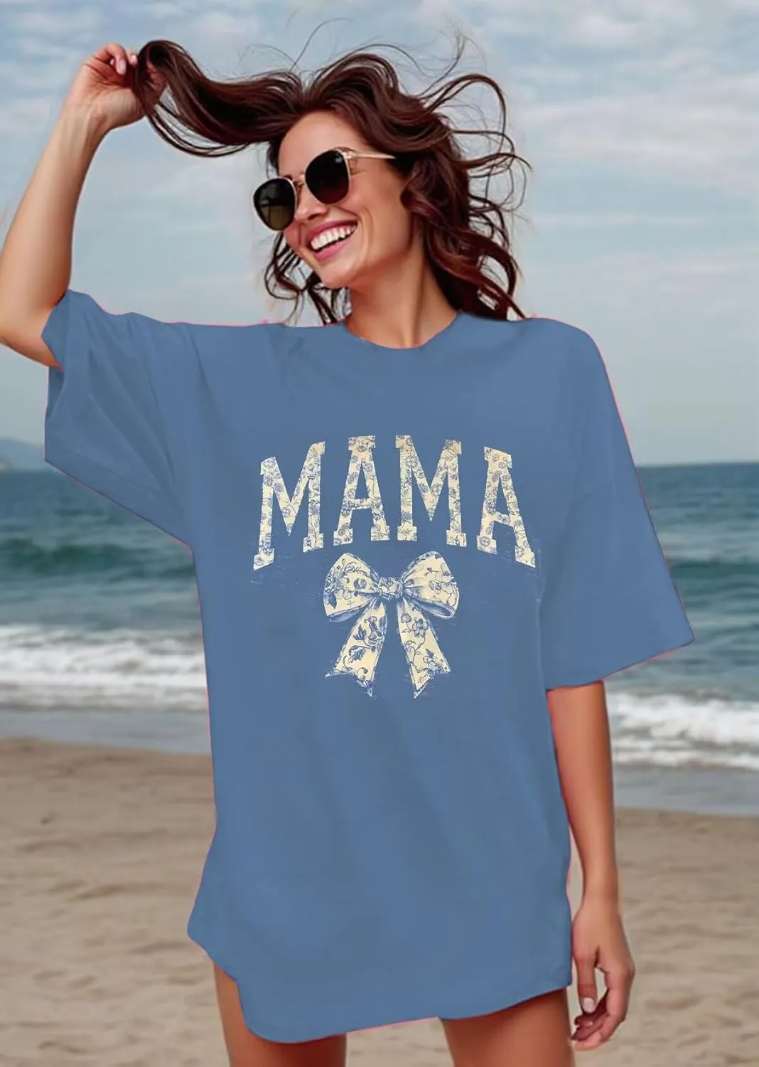 Mama Oversized Tshirts for Women Cute Mama Letter Print Shirts Mother's Day Graphic Tees Mom Casual Tshirt Loose Fit