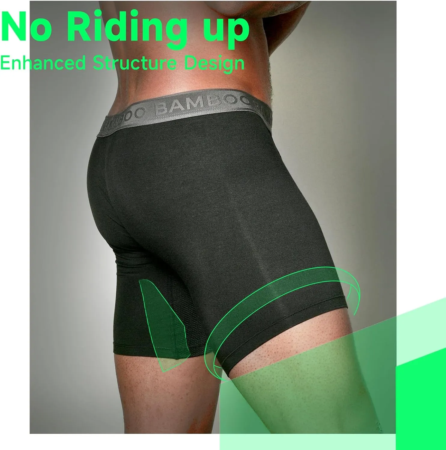 Mens Boxer Briefs Anti Chafe Breathable Moisture-Wicking Bamboo Trunks Underwear without Fly Pouch for Men 3 Pack