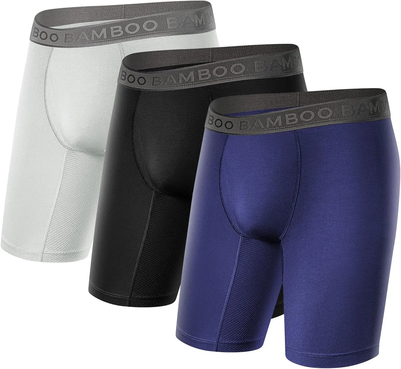 Mens Boxer Briefs Anti Chafe Breathable Moisture-Wicking Bamboo Trunks Underwear without Fly Pouch for Men 3 Pack