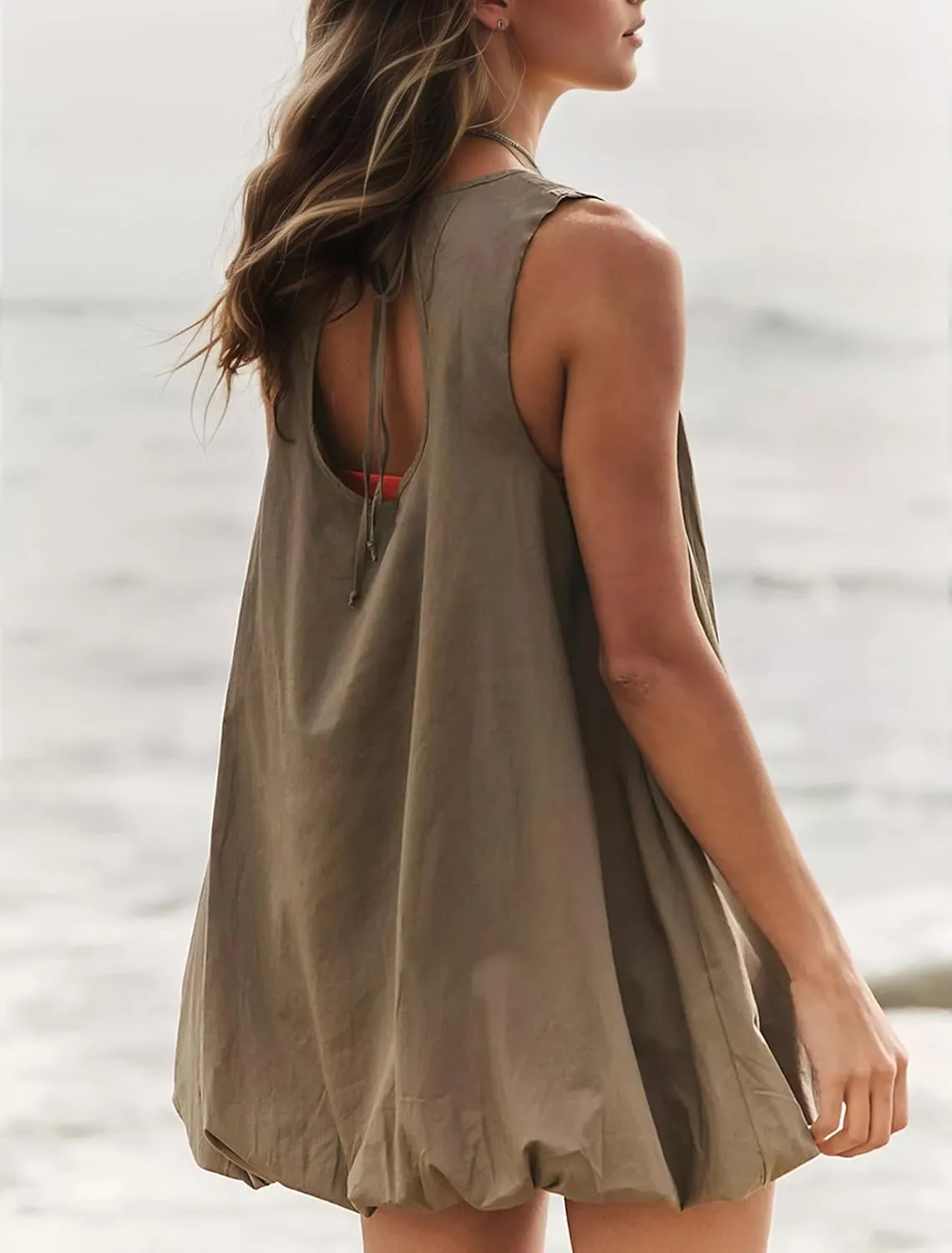 MISSACTIVER Bubble Mini Dress for Women Summer Sleeveless Keyhole Tie Back Tank Short Dress Crew Neck Sundress with Pockets