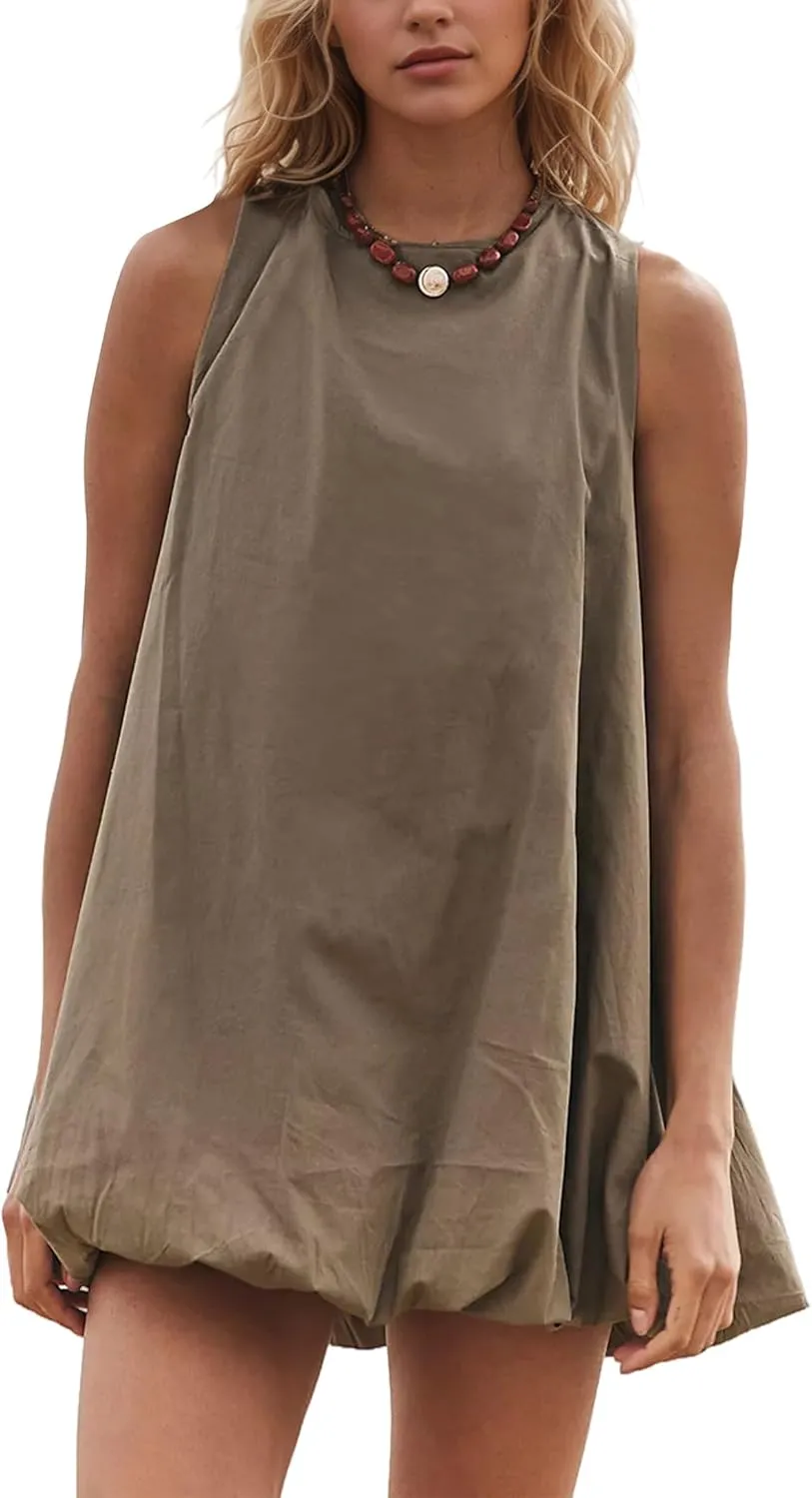 MISSACTIVER Bubble Mini Dress for Women Summer Sleeveless Keyhole Tie Back Tank Short Dress Crew Neck Sundress with Pockets