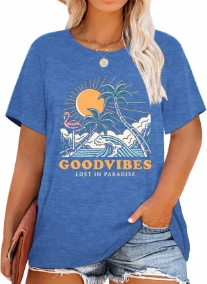 MK Shop Limited Plus Size Tops for Women Cute Vintage Graphic Tee Sunrise Camping Funny Print Casual Nature Travel Shirt