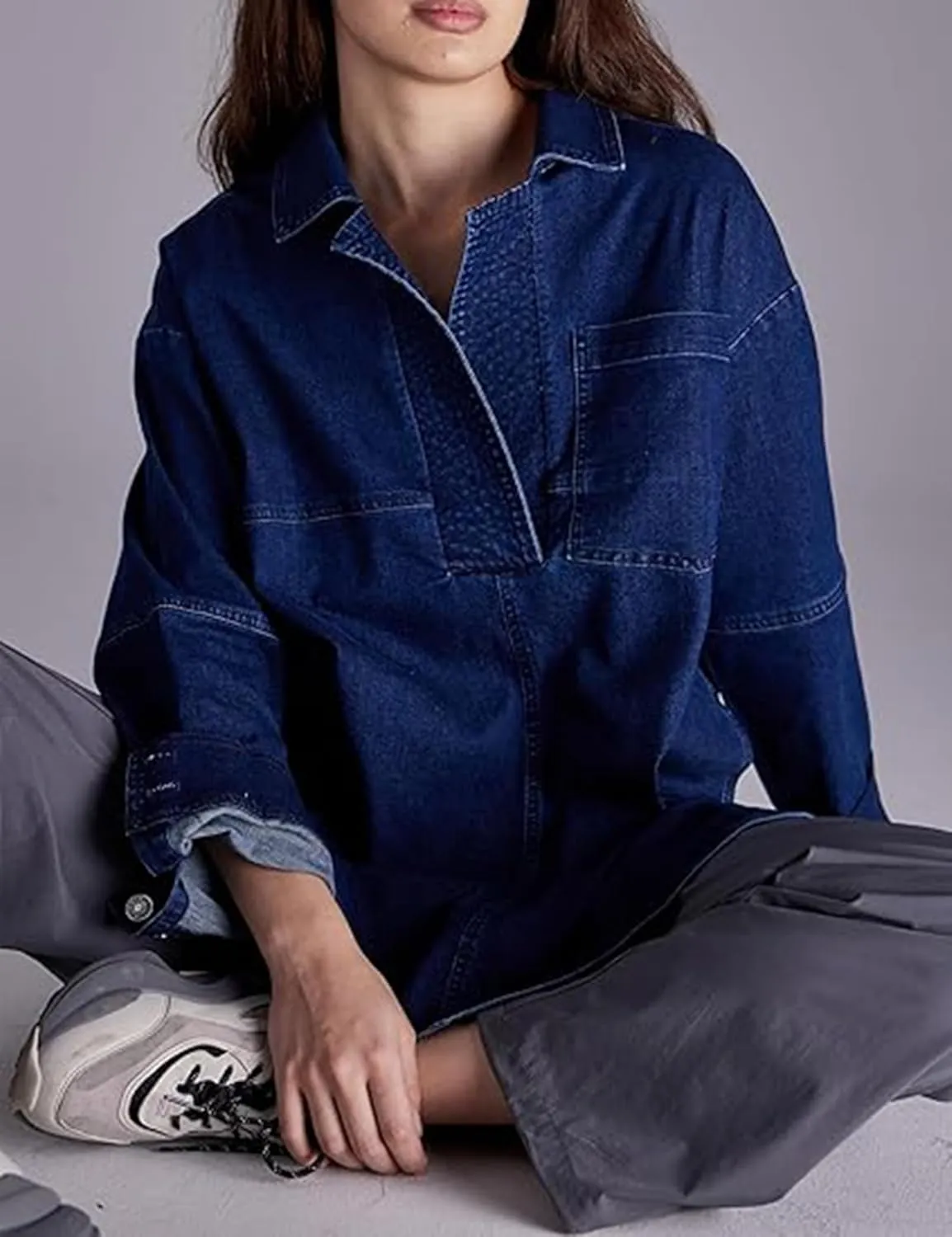 Mxiqqpltky Y2k Denim Pullover Tops Women Long Sleeve V-Neck Raw Hem Blouse Casual Loose Jean Shirts Jacket