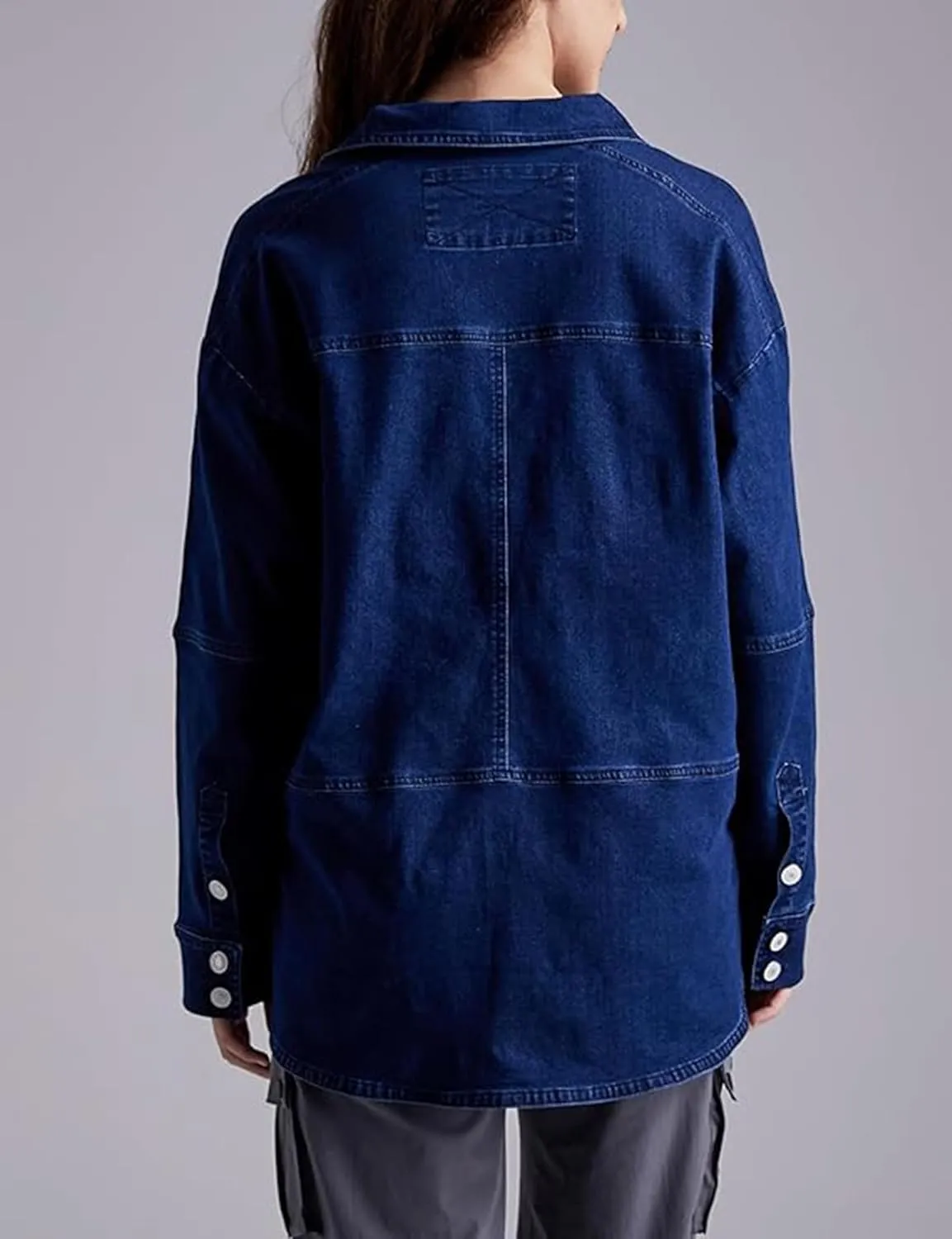 Mxiqqpltky Y2k Denim Pullover Tops Women Long Sleeve V-Neck Raw Hem Blouse Casual Loose Jean Shirts Jacket
