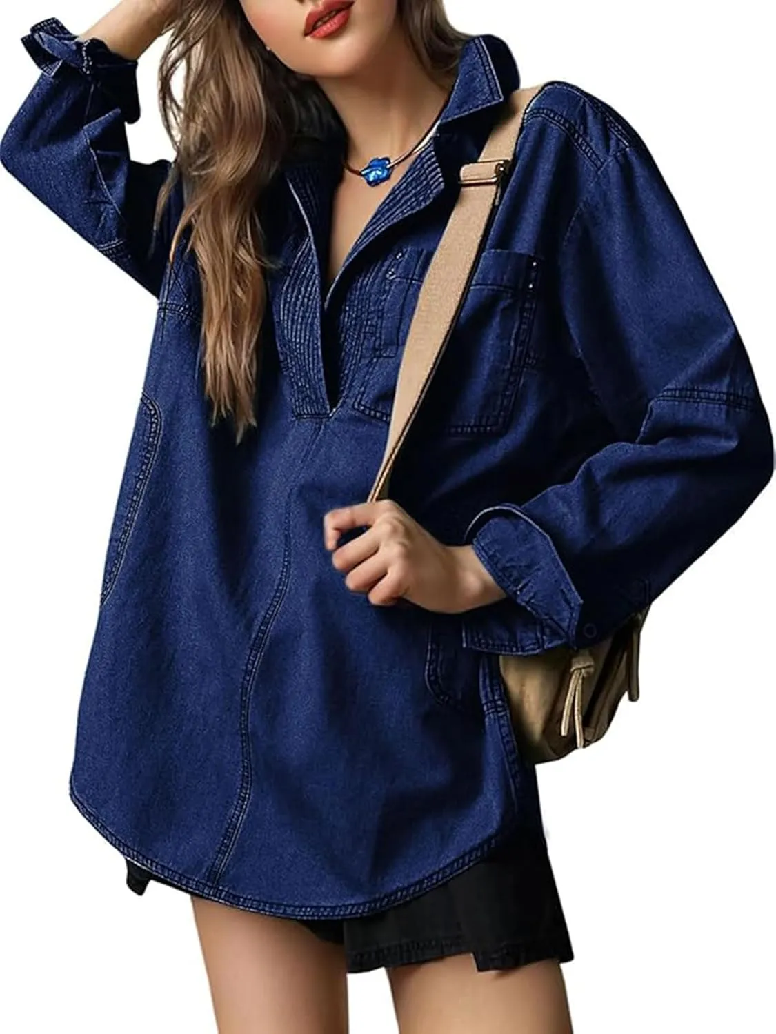 Mxiqqpltky Y2k Denim Pullover Tops Women Long Sleeve V-Neck Raw Hem Blouse Casual Loose Jean Shirts Jacket