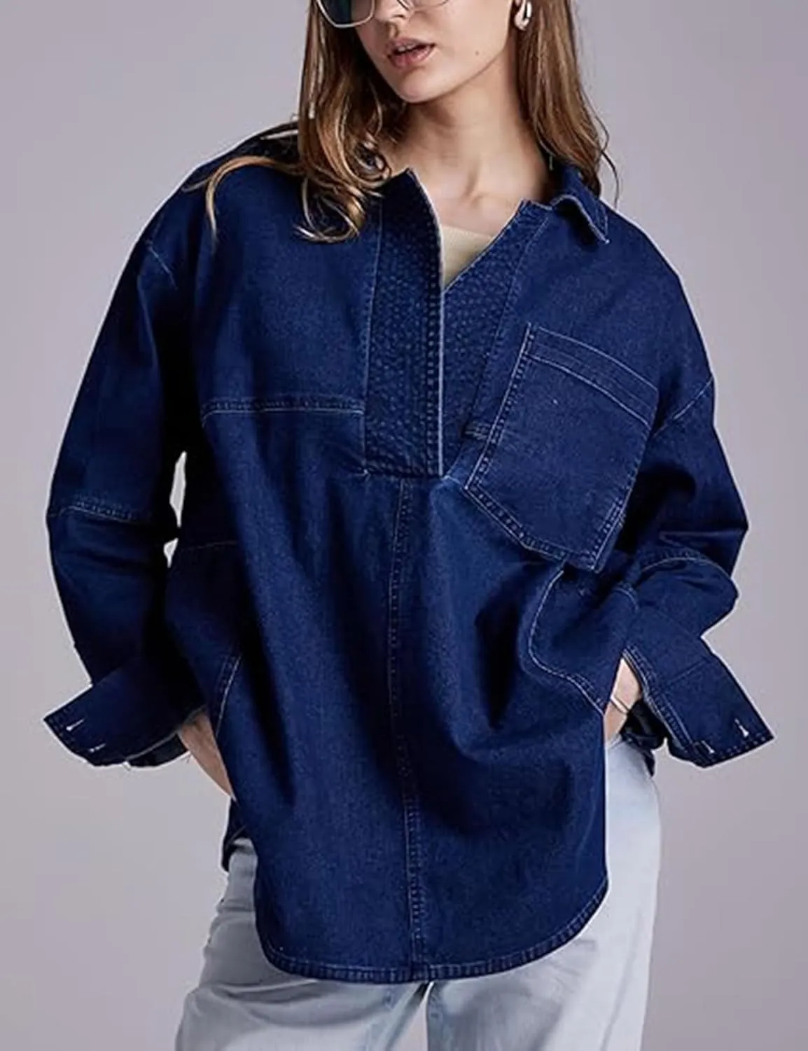 Mxiqqpltky Y2k Denim Pullover Tops Women Long Sleeve V-Neck Raw Hem Blouse Casual Loose Jean Shirts Jacket