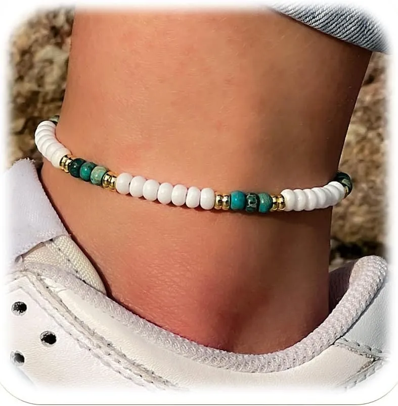 Natural Stone Beaded Anklets Bracelets for Women Handmade Beaded Anklet Bracelet Waterproof Boho Beads Ankle Bracelet Adjustable Summer Jewelry