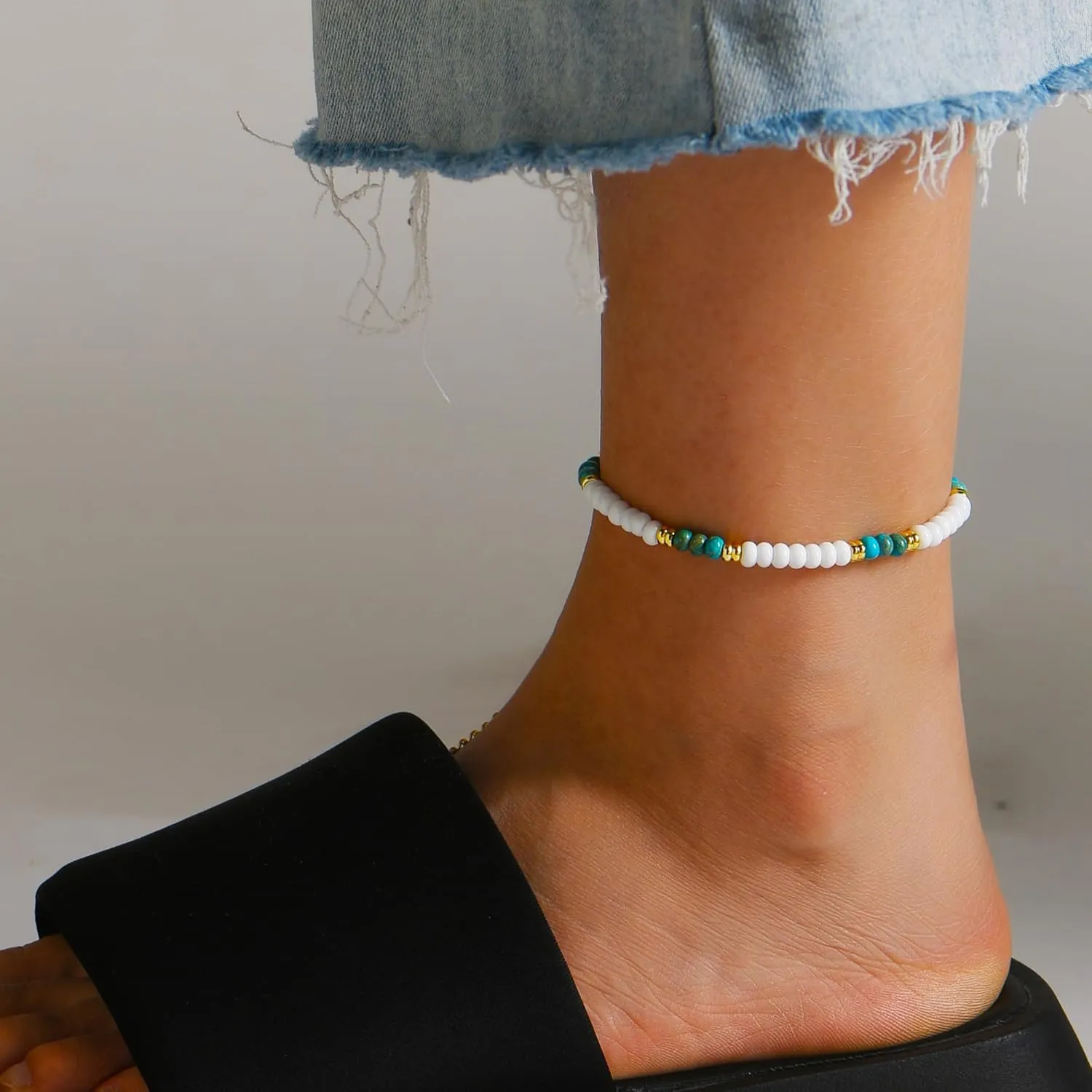 Natural Stone Beaded Anklets Bracelets for Women Handmade Beaded Anklet Bracelet Waterproof Boho Beads Ankle Bracelet Adjustable Summer Jewelry