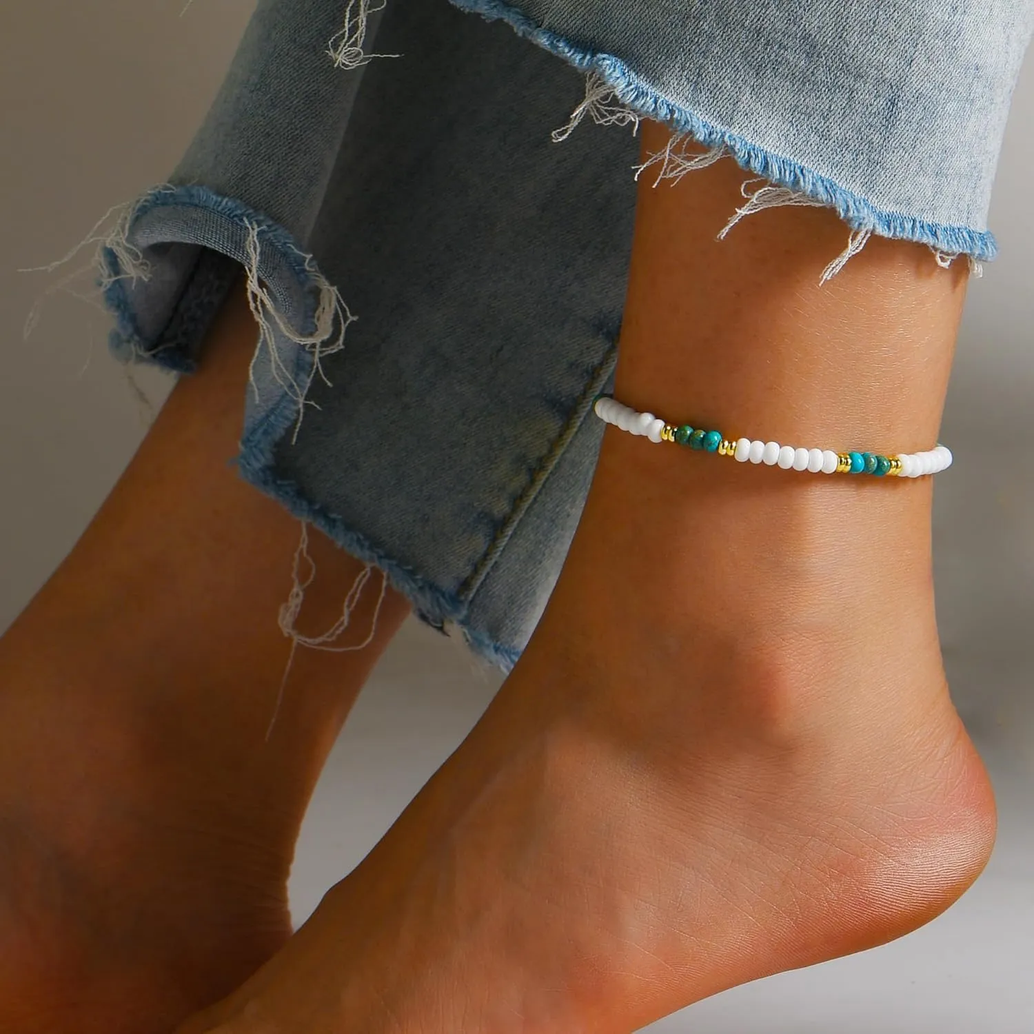 Natural Stone Beaded Anklets Bracelets for Women Handmade Beaded Anklet Bracelet Waterproof Boho Beads Ankle Bracelet Adjustable Summer Jewelry