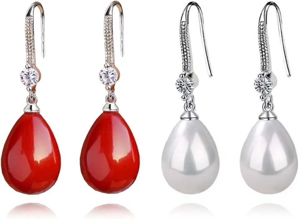 Needle Pearl Drop Earrings for Women Men Long Red Bride Dangle Earrings Simple Jewelry Earrings Set