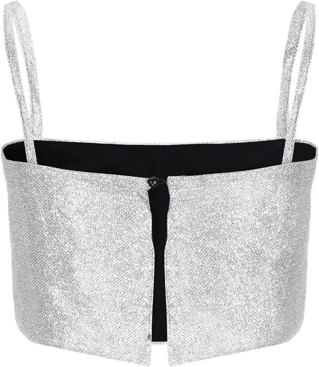Oplxuo Women's Sleeveless Sparkle Sequin Cami Crop Top Spaghetti Strap Club Party Tops Button Up Back Sexy Camisole