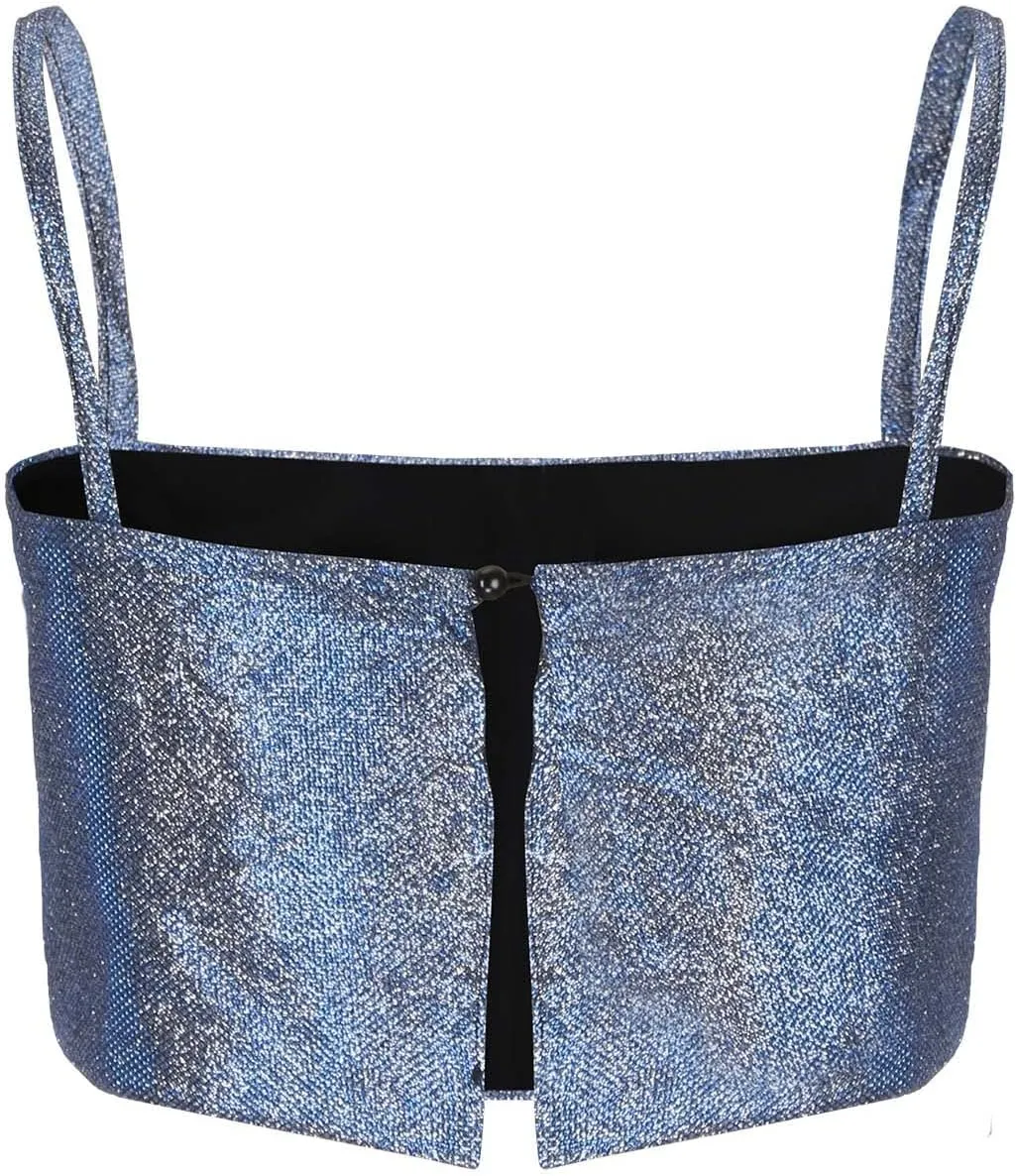 Oplxuo Women's Sleeveless Sparkle Sequin Cami Crop Top Spaghetti Strap Club Party Tops Button Up Back Sexy Camisole