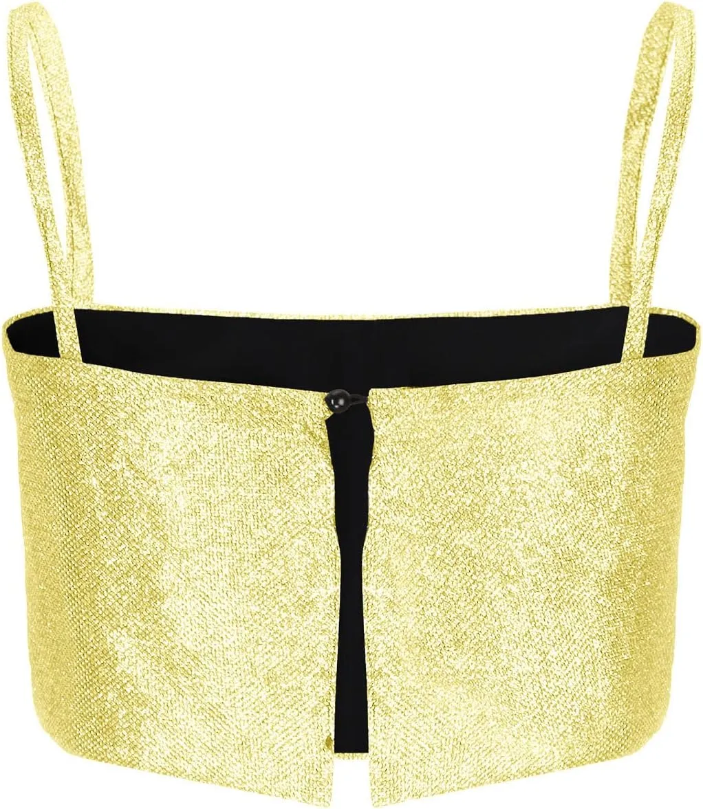 Oplxuo Women's Sleeveless Sparkle Sequin Cami Crop Top Spaghetti Strap Club Party Tops Button Up Back Sexy Camisole