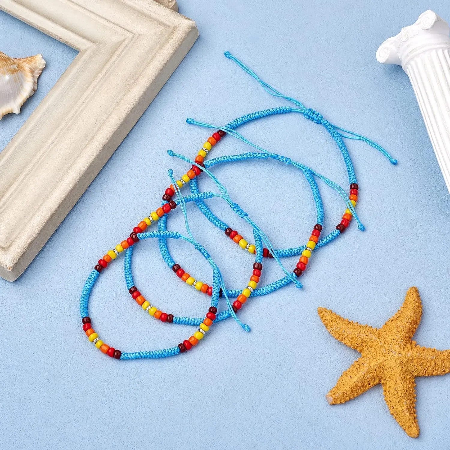 Ornaland 4Pcs Glass Seed Bead Braided Bracelets Anklets Set Adjustable Handmade Beaded Bracelet Friendship Jewelry with Brass Bead for Women Gift, Blue