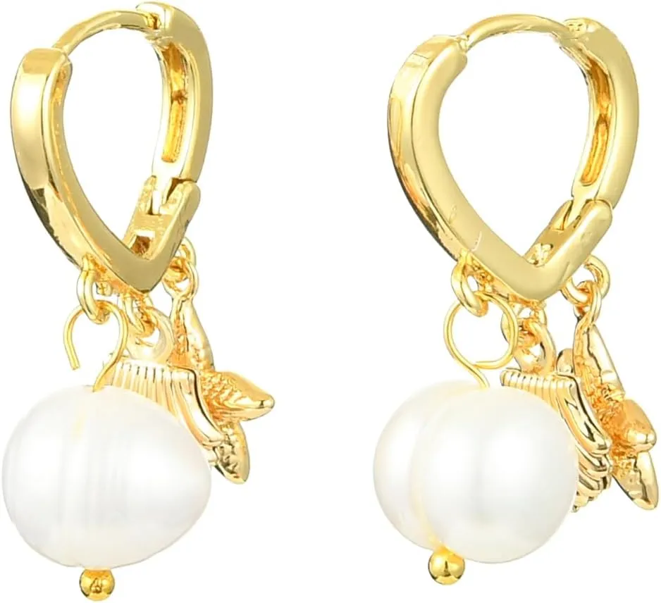 Ornaland Pearl Drop Huggie Hoop Earrings Starfish Shell Drop Pendant Earrings Golden Dainty Hoop Dangle Earrings Jewelry for Women Birthday Gifts