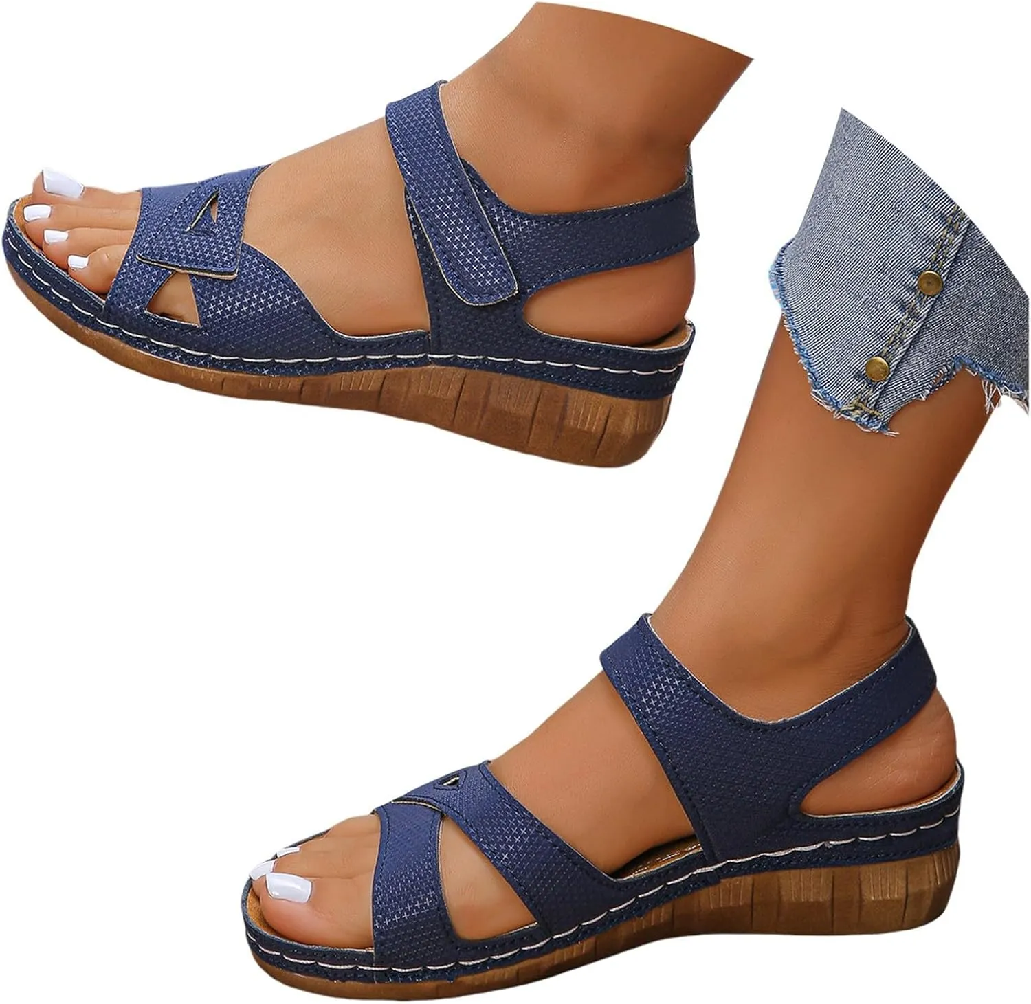 Orthopedic Sandals for Women Arch Support Walking Sandals Comfortable Dressy Womens Wedge Sandal Summer Casual Open Toe Hollow Out Soft Soles Platform Sandal with Adjustable Hook Loop