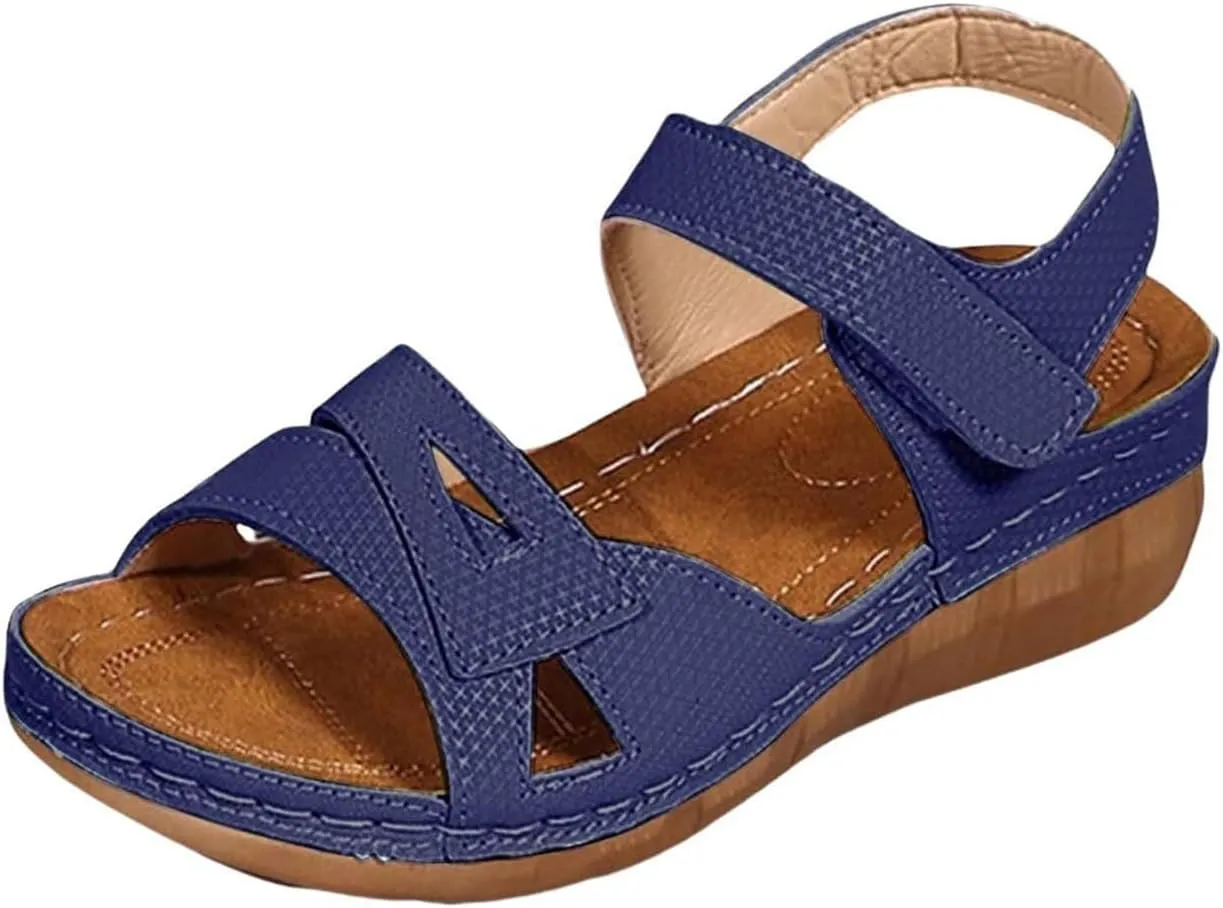 Orthopedic Sandals for Women Arch Support Walking Sandals Comfortable Dressy Womens Wedge Sandal Summer Casual Open Toe Hollow Out Soft Soles Platform Sandal with Adjustable Hook Loop