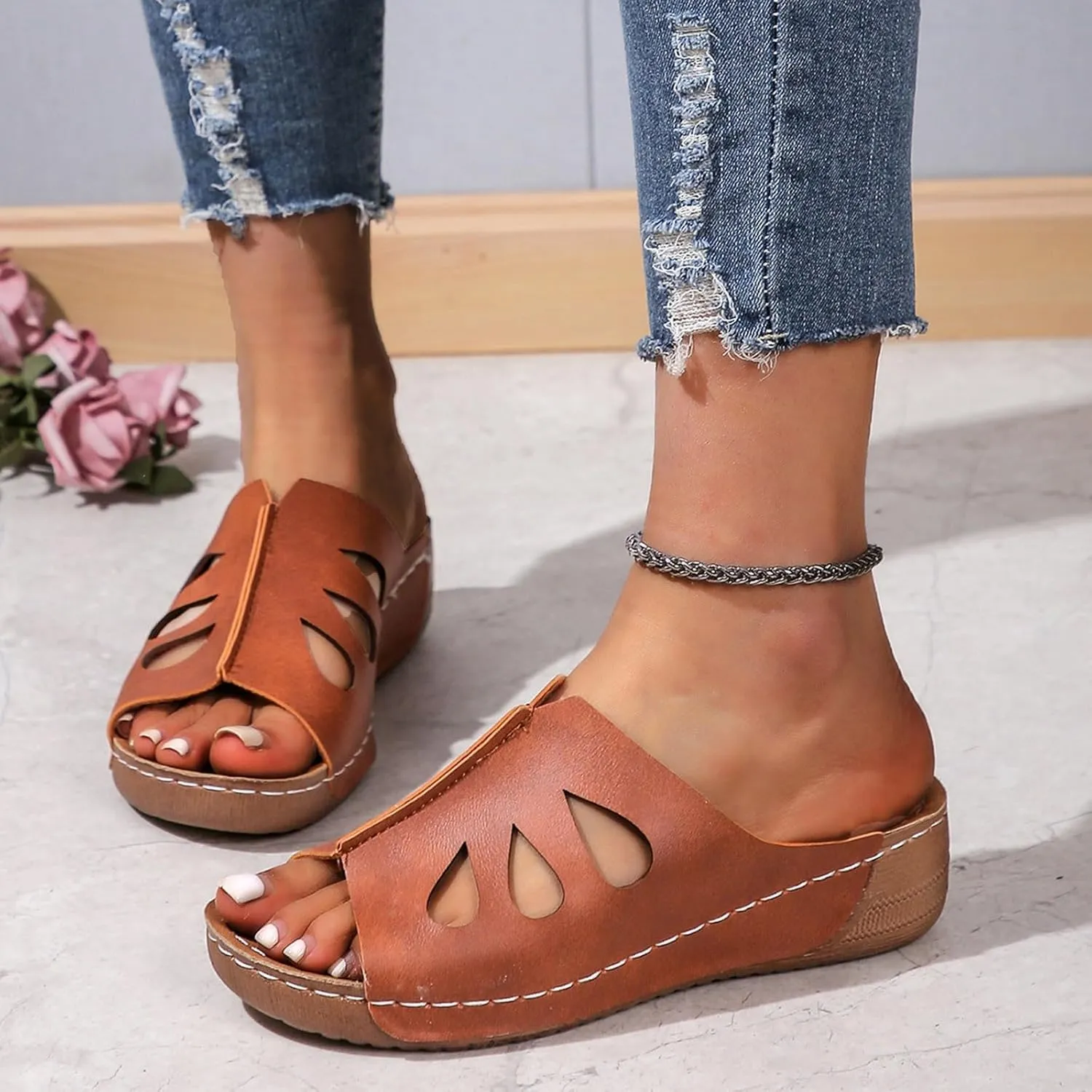 Orthopedic Wedge Sandals for Women Dressy Summer Comfortable Walking Wide Width Arch Support Platform Flip Flop Dressy Casual Bunion Breathable Slippers Beach Fishmouth Wedges Sandal